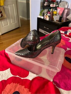 Anne Klein Iridescent Snake-Print Pointed Toe Heels in Black and Metallic